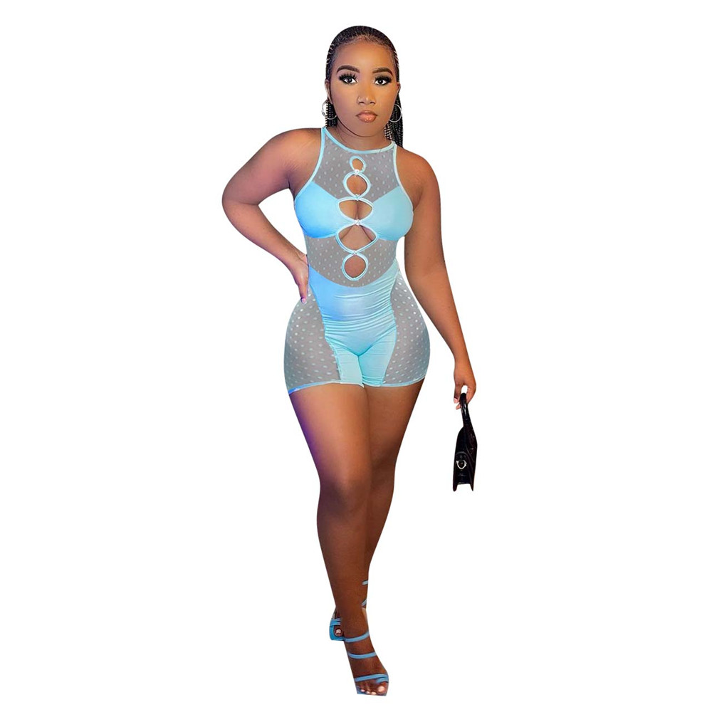 2023 Designer Sexy Mesh Patchwork Rompers Women Cut Out Tank Sleeveless Playsuits Summer Bodycon Jumpsuits See Through Bodysuits Clubwear Wholesale 96