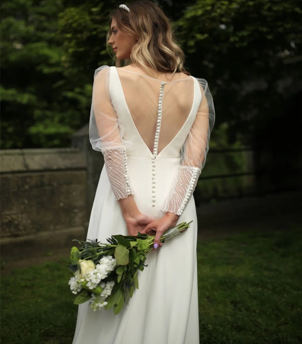 Classic Wedding Dress A-line Deep V-neck Long Sleeve Satin Bride Gowns 2024 Robe de Mariage Casamento Vestidos De Novia