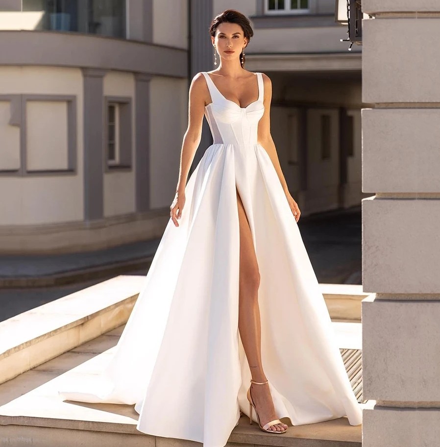 Elegant Solid A Line Wedding Dress 2024 Sleeveless Backless Bridal Gowns White Satin Side Split Bride Dresses Vestidos De Novia