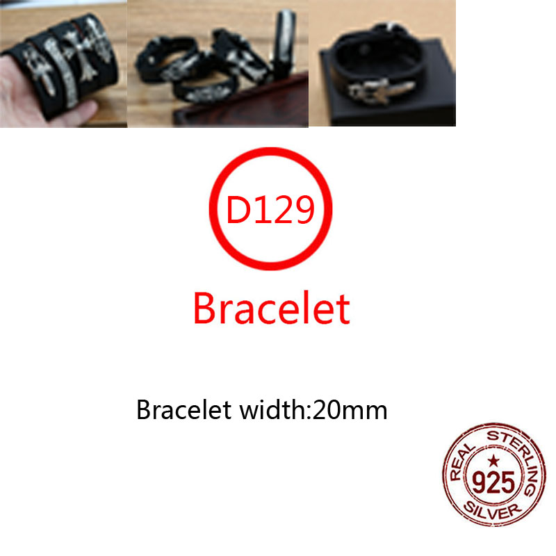 D129 S925 Sterling Silver Cowhide Bracelet Hip Hop Street Fashion Couple Jewelry Personalized Punk Style Solid Sword Cross Flower Letter Shape Lover G