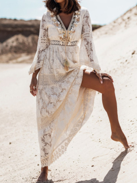 Casual Dresses Summer Bohemian Long Dress Women's Lace V-Neck Spaghetti Shoulder Strap Dress Women's Shoulder Beach Sun Dress White Dress Ve