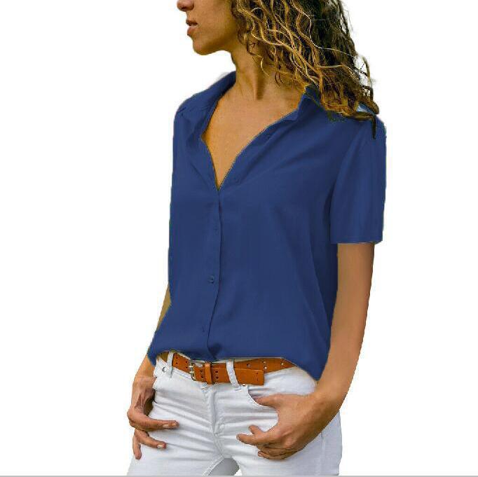 Women Lady Summer Casual Blouse Turn Down Collar Short Sleeve Shirt Button Tops
