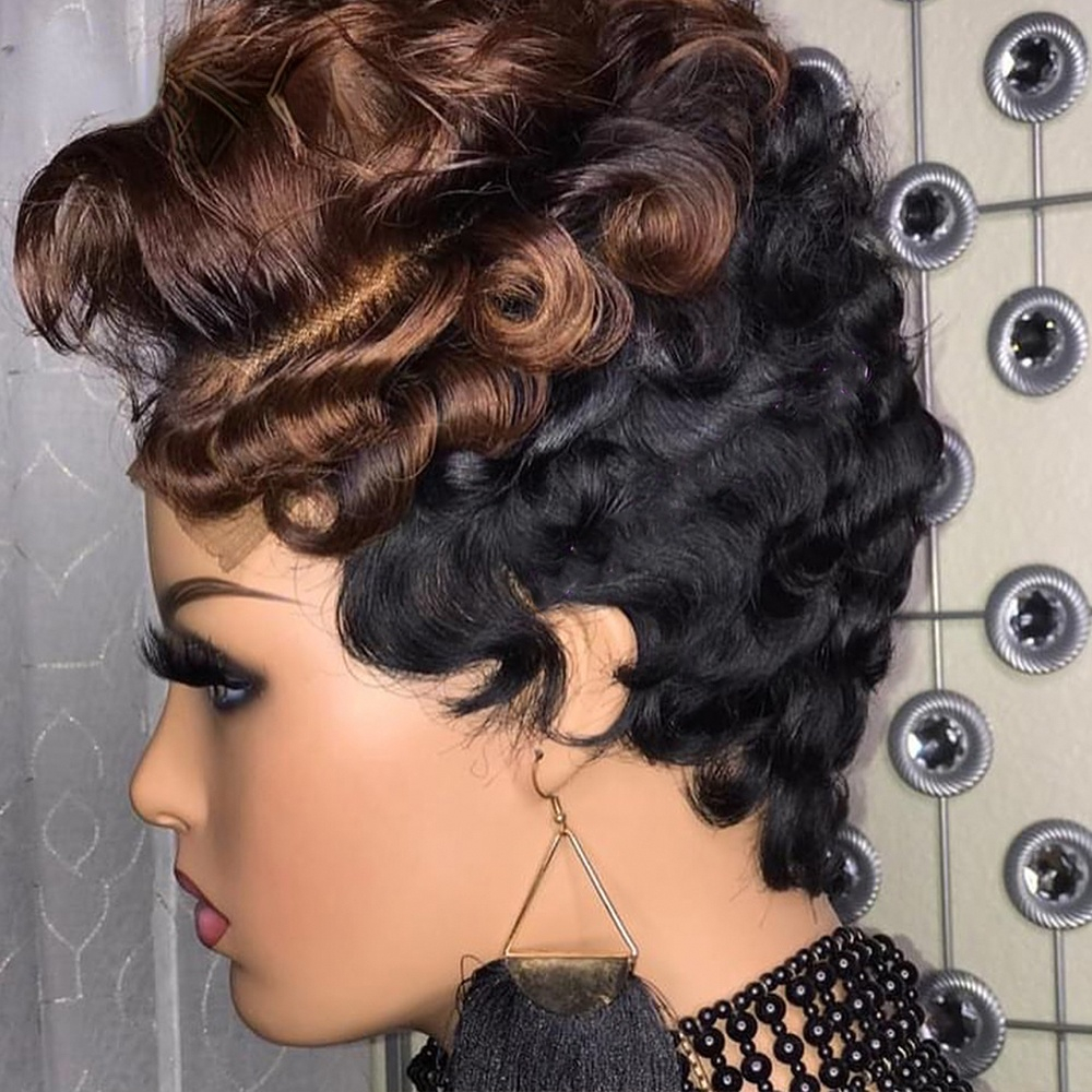 Ombre Brown Color Short Pixie Cut Wig Cheap Human Hair Wigs Straight Bob Wigs With Bangs Full Lace Front Human Hair for Black Women