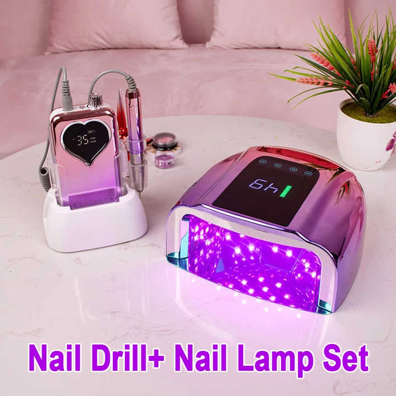 Nail Manicure Set UV LED nail lamp nail drill professional manual tool rechargeable wireless 35000 purple salon nail art tool kit 231107