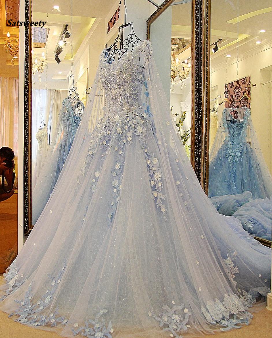 Dubai Sky Blue Wedding Dresses With Long Cloak Crystal Pearls Puffy Bridal Ball Gowns Robe De Mariee Appliques Casamento