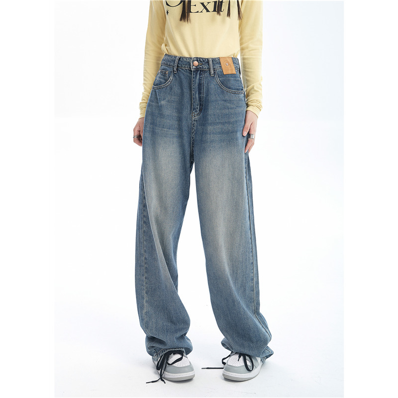 Women's Jeans Women's Blue Jeans Contrast Color High Waist American Street Wide Leg Pants Fashion Bag Retro Straight Autumn Trousers 230407