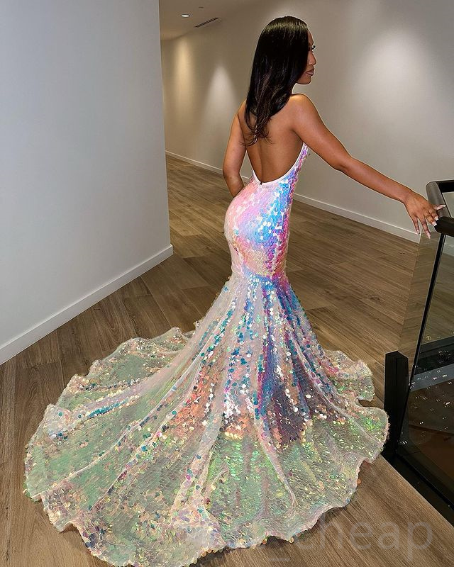 Arabic Aso 2023 Ebi Backless Mermaid Prom Dress Sequined Lace Evening Formal Party Second Reception Birthday Engagement Gowns Dresses Robe De Soiree Z