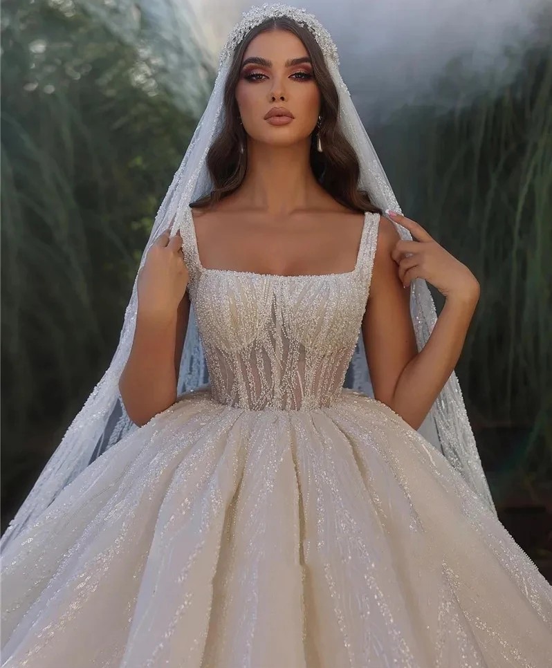 Wedding Urious Dress Square Collar Sleeveless Sparkg Embroidery Lace Appliques Bride Gowns Vestido De Novia Casamento Custom Made