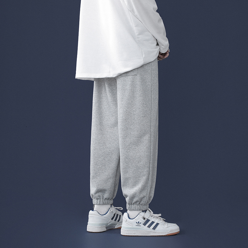 Men's Pants Korean Style Fashion Sports Pants Autumn Light Grey Pocket Wide Leg Pants Straight Leg Casual Tie Leg Men's Tights 230407
