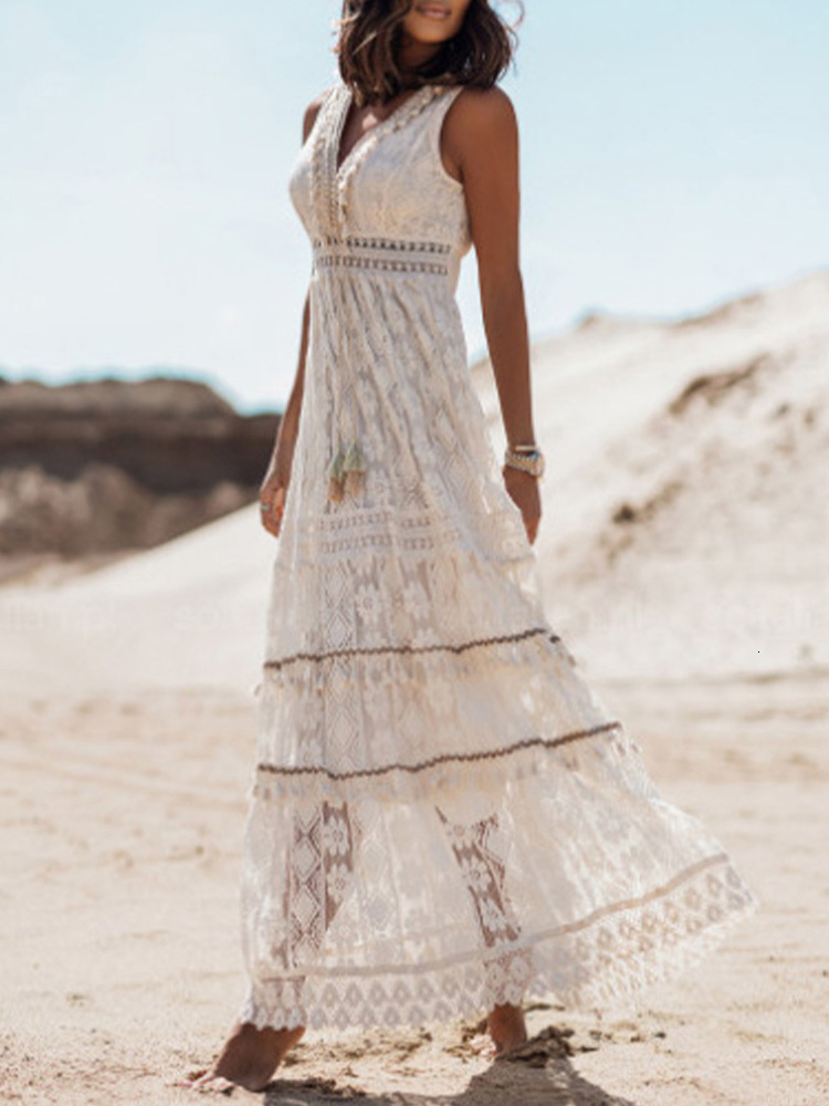 Casual Dresses Summer Bohemian Long Dress Women's Lace V-Neck Spaghetti Shoulder Strap Dress Women's Shoulder Beach Sun Dress White Dress Ve