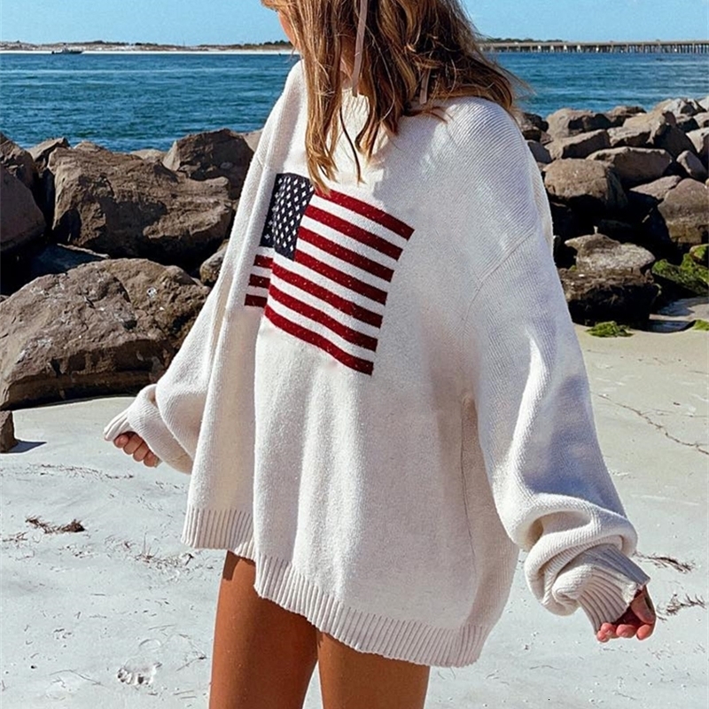 Women s Sweaters Y2K Women Winter Vintage Ladies American Flag Knit Sweater Aesthetics Long Sleeve Oversize Pullover Tops Clothes l231107