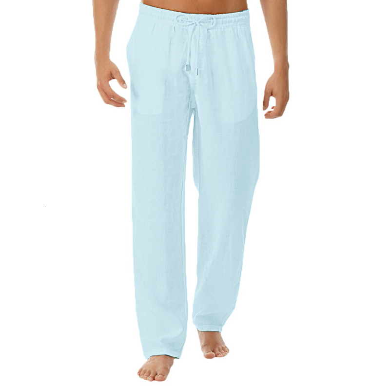 Men's Pants high-quality men's summer casual pants natural cotton polyester Trousers white polyester elastic waist straight men's pants