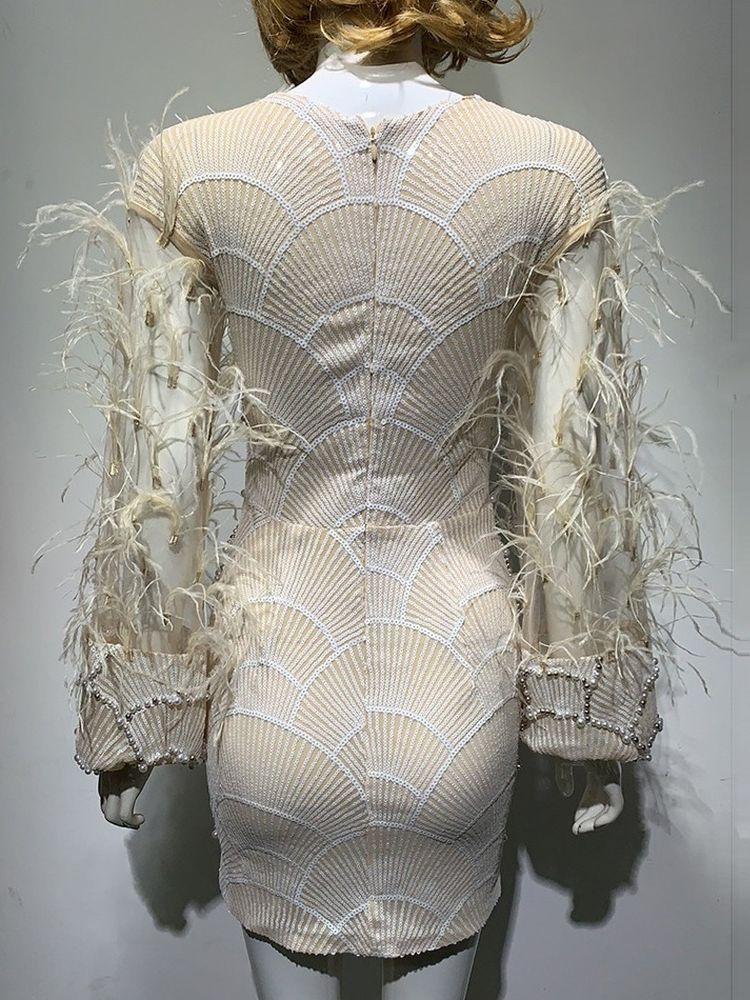 Casual Dresses Women's Sexy V-neck Beaded Dress Long Sleeve Feather Wine 2023 Fashion Luxury Dubai Party DressCasual