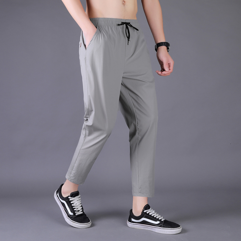 Men's Pants Men's Summer Thin Pants Korean Trend Nine Straight Tube Loose Ice Silk Elastic Sports Pants 230407