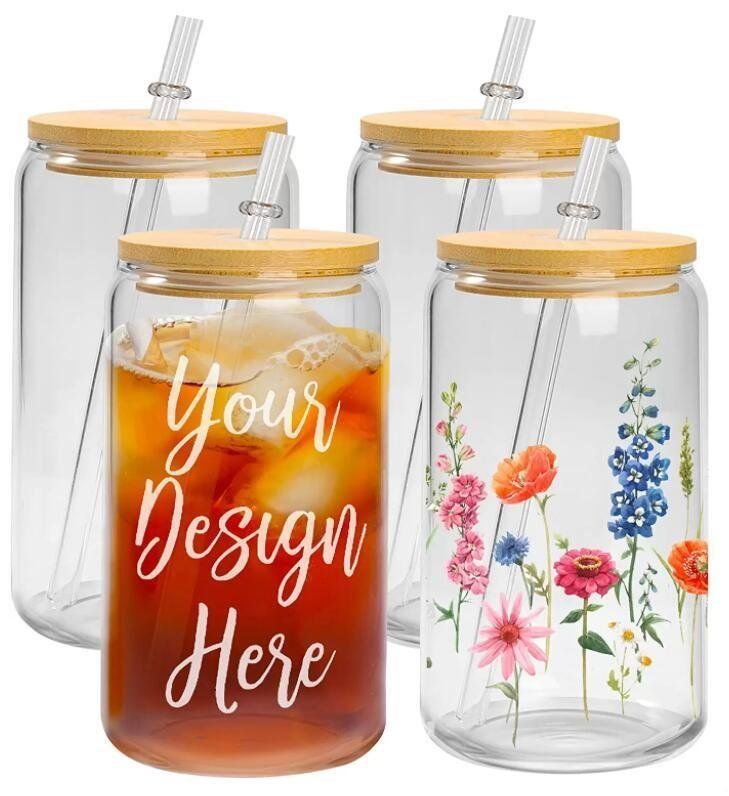 USa/ca Warehouse 16oz Sublimation Glass Beer Mugs with Bamboo Lid Straw DIY Blanks Frosted Clear Can Shaped Tumblers Cups Heat Transfer Cocktail NEW