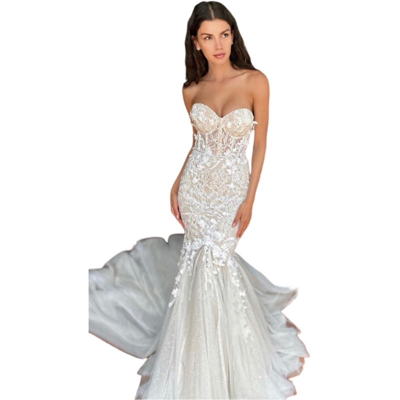 Sweetheart Mermaid Dresses Bone Bodice Appliques Lace Wedding Dress Illusion Backless Robe De Mariee Bridal Gowns 0515