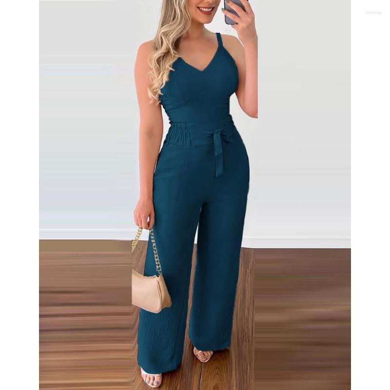 Women's Two Piece Pants 2023 Casual Women Shirred V-Neck Spaghetti Strap Cami Top High Waist Tied Detail Wide Leg Sets 2 Pieces Woman