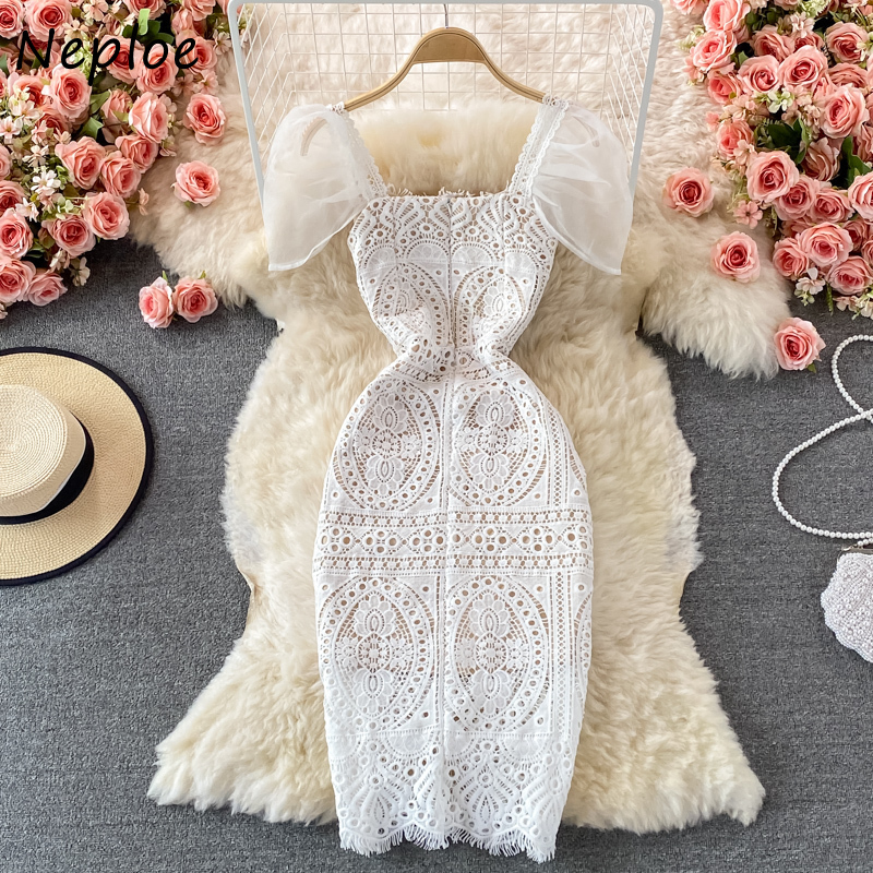 Casual Dresses Employee Square Neck Puff Sleeves Women's Dress Mild Lace Vestidos Women's High Thin Waist Solid Hollow Ceremony Robe 230407