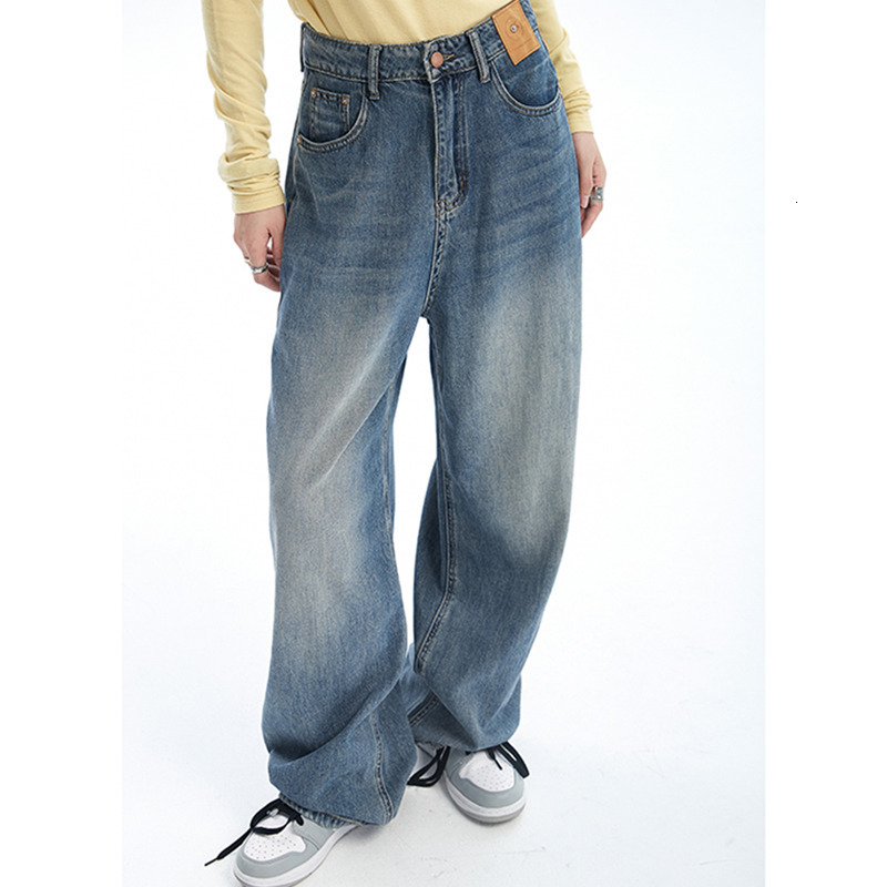 Women's Jeans Women's Blue Jeans Contrast Color High Waist American Street Wide Leg Pants Fashion Bag Retro Straight Autumn Trousers 230407