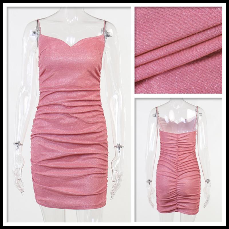 Casual Dresses Townlike Mini Glitter Sexy Club Party Dress Women 2023 Summer Spaghetti Strap Strapless Slim Folds Pleated Bodycon