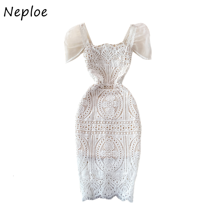 Casual Dresses Employee Square Neck Puff Sleeves Women's Dress Mild Lace Vestidos Women's High Thin Waist Solid Hollow Ceremony Robe 230407