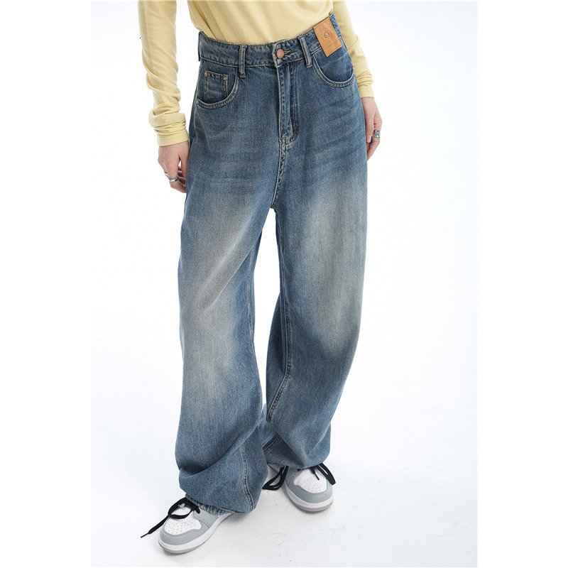 Women's Jeans Women's Blue Jeans Contrast Color High Waist American Street Wide Leg Pants Fashion Bag Retro Straight Autumn Trousers 230407