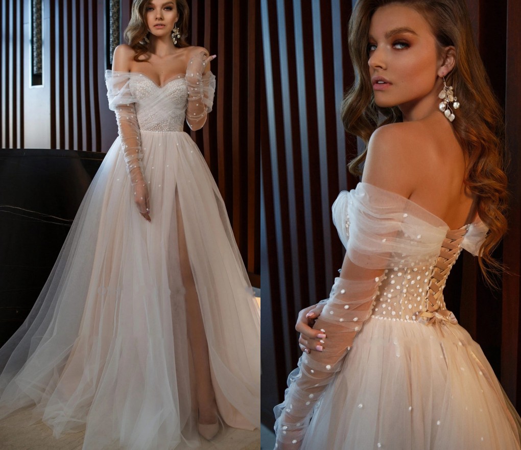 Elegant Soft Tulle Boho Wedding Dress Long Sleeves Sweetheart Pearls Bride Gowns Beach Front Split Princess Robe De Mariage