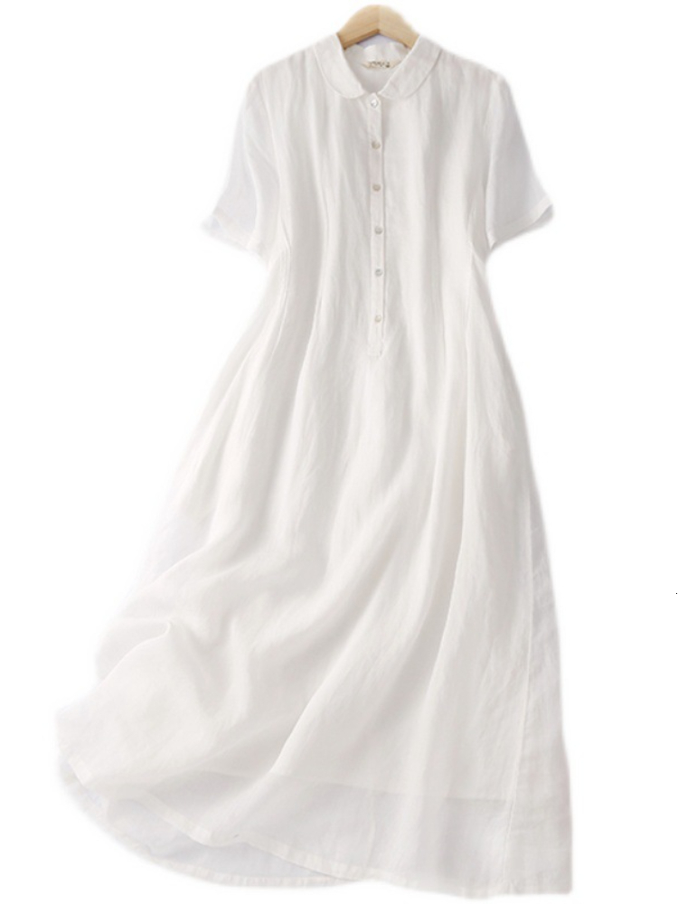 Casual Dresses Summer Women's Dress Cotton Linen Waist Thin White Polo Neck Short Sleeve Medium Length Warm Literature Long Sleeve 230407
