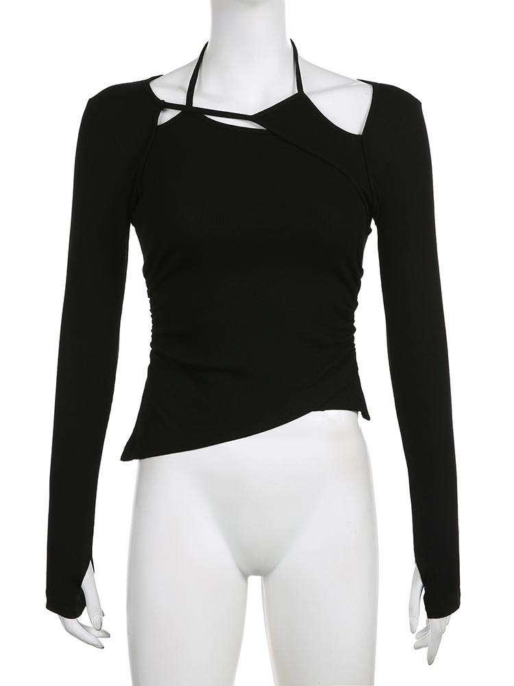 Women s T Shirt Rapcopter Y2K Asymmetrical Crop Top Cut Out Bandage T Shirt Stylish Korean Full Sleeve Slim Cross Tee Grunge Punk Harajuku Women 23040