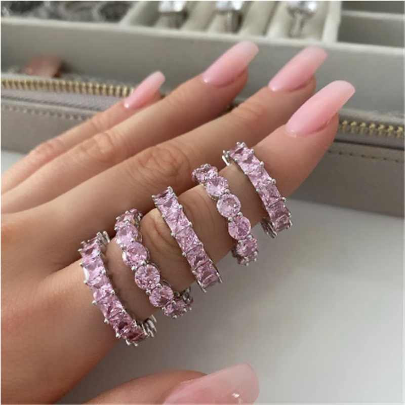 15 Styles Lady Pink Zircon Ring White Gold Filled Engagement Wedding Band Rings for Women Bridal Birthday Party Jewelry Gift
