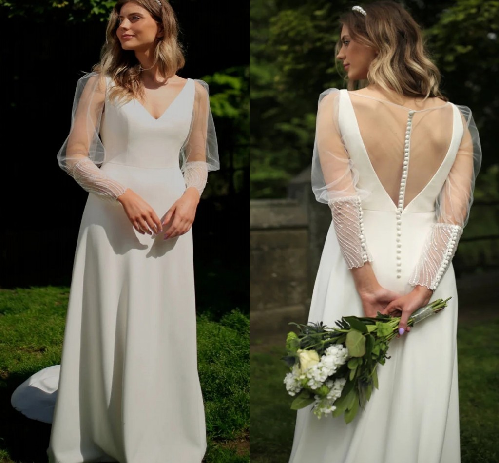 Classic Wedding Dress A-line Deep V-neck Long Sleeve Satin Bride Gowns 2024 Robe de Mariage Casamento Vestidos De Novia