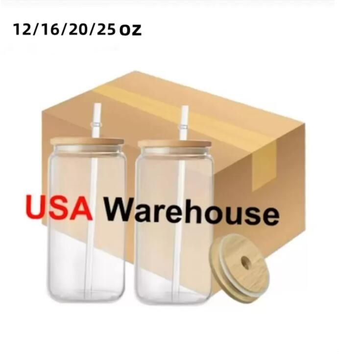 USa/ca Warehouse 16oz Sublimation Glass Beer Mugs with Bamboo Lid Straw DIY Blanks Frosted Clear Can Shaped Tumblers Cups Heat Transfer Cocktail NEW