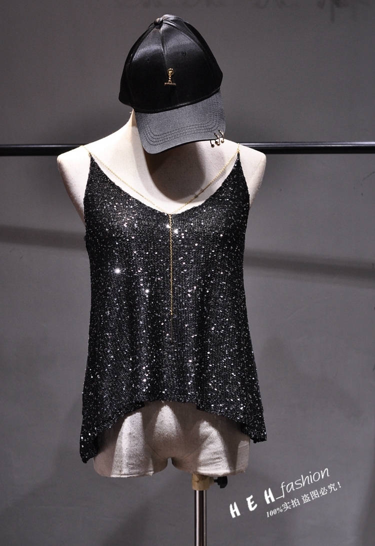 Camisoles Tanks Summer Spaghetti Strap Sequin V-neck Tank Top Metal Chain Sexy U-shaped Back Top Girls' Casual Loose Tank Top Coat 230407