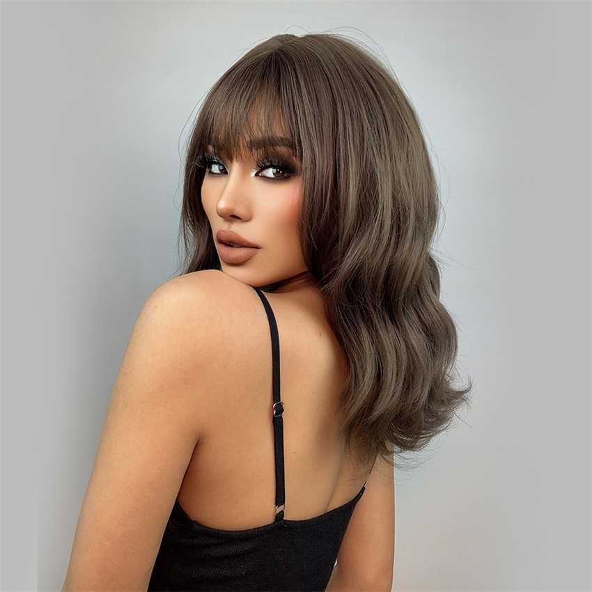 Synthetic Wigs Easihair Brown Wavy Short Bob Wigs for Women with Bangs Synthetic Medium Length Cute Daily Natural Hair Wig Heat Resistant 230227