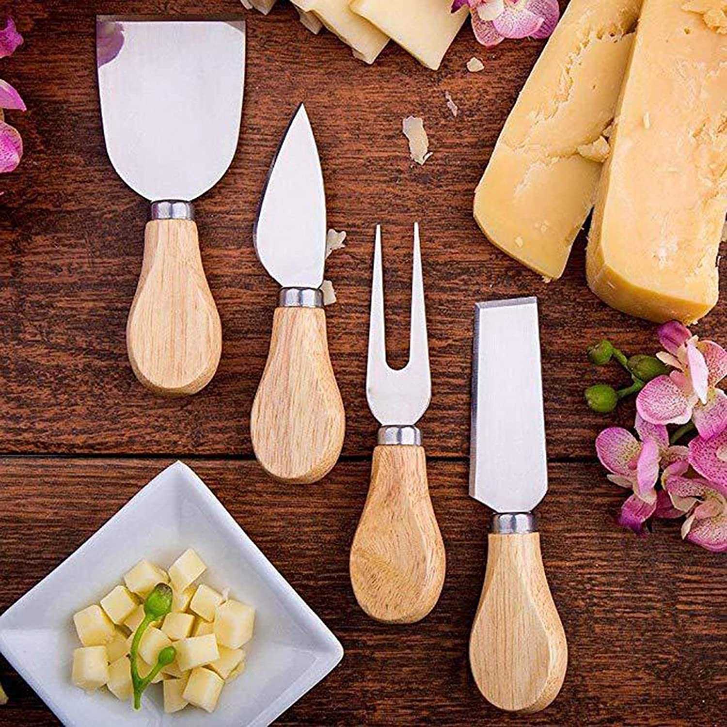 Update New 4 Piece Knives Set With Wooden Handle Stainless Knife Set For Spread Cheese Slicer And Butter Cutter