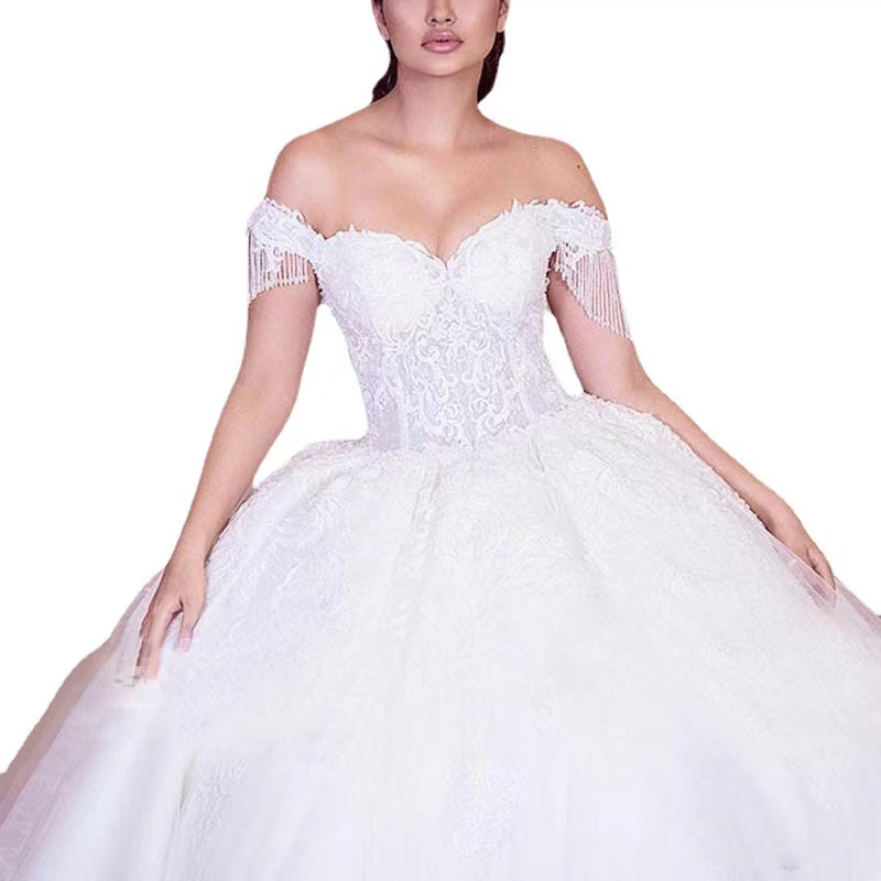 Ball Gown Wed Dresses Long Lace Appliques Sequins Arabic Dubai Wedding Dress Formal Church Off Shoulder Plus Size Bridal Gowns Bride Wear 403 B0312