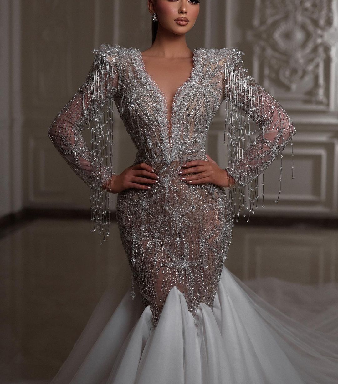Sexy Mermaid Wedding Dresses Long Sleeves V Neck Appliques Sequins Beaded Ruffles Diamonds Lace Train Hollow Floor Length Bridal Gowns Custom Made abi