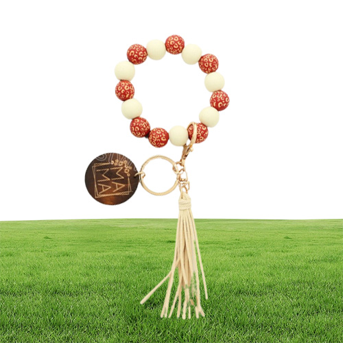 MOTHER039s Day Letters Printing Wooden Silicone Bead Bracelet keychain Fashion Cnady Color Leopard Wristlet Beads Womens Bracel