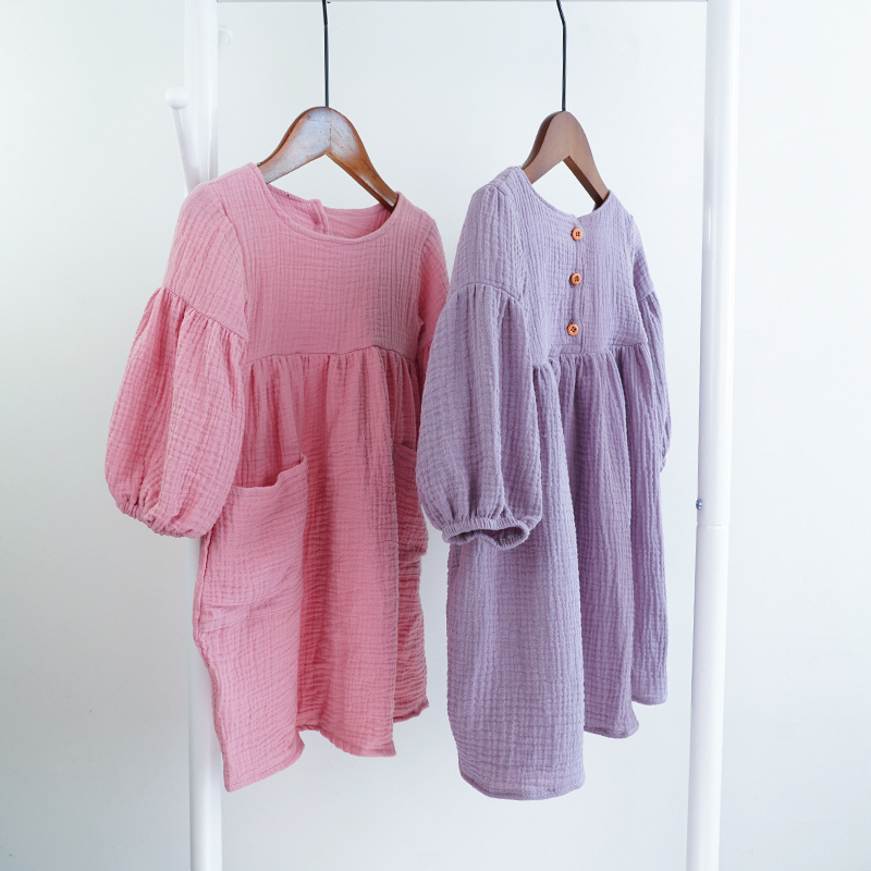 Girl's Dresses Autumn Spring Children's Clothing Organic cotton Double Gauze Loose Pocket Baby Girls Dress Fashion Princess Casual Children&