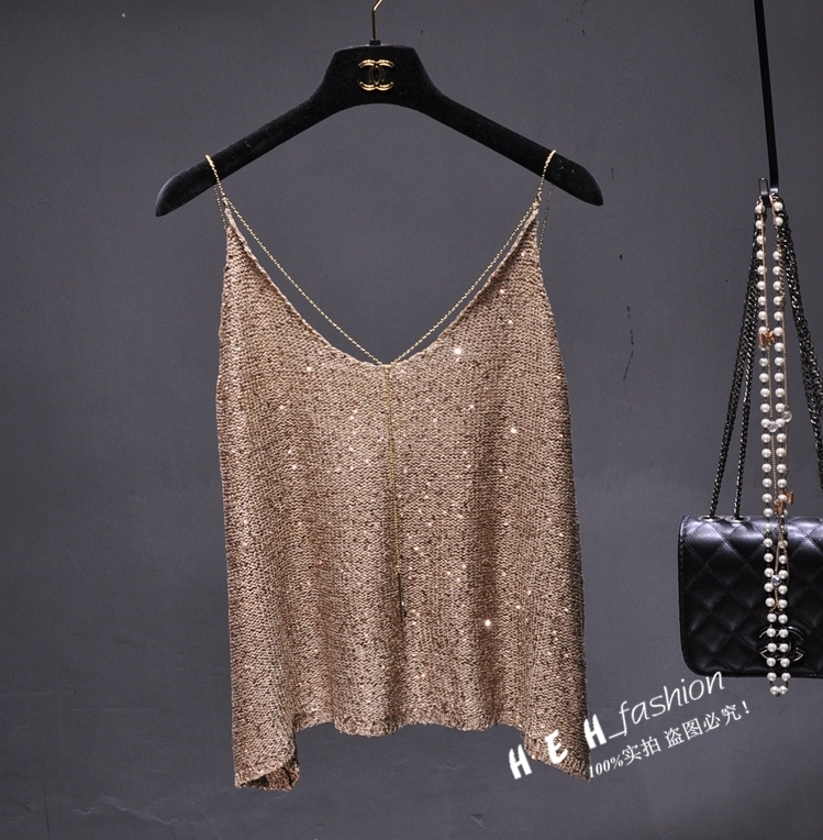 Camisoles Tanks Summer Spaghetti Strap Sequin V-neck Tank Top Metal Chain Sexy U-shaped Back Top Girls' Casual Loose Tank Top Coat 230407