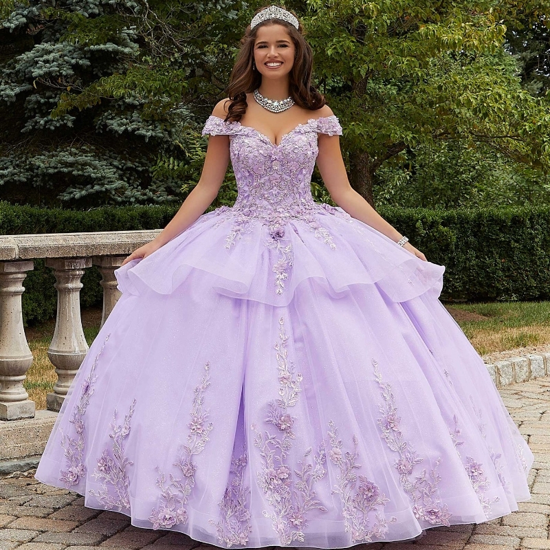 Lavender Dresses Off the Shoulder Sweet 16 Gowns 3D wer Applique Beads Tull Vestidos 15 De Quinceanera