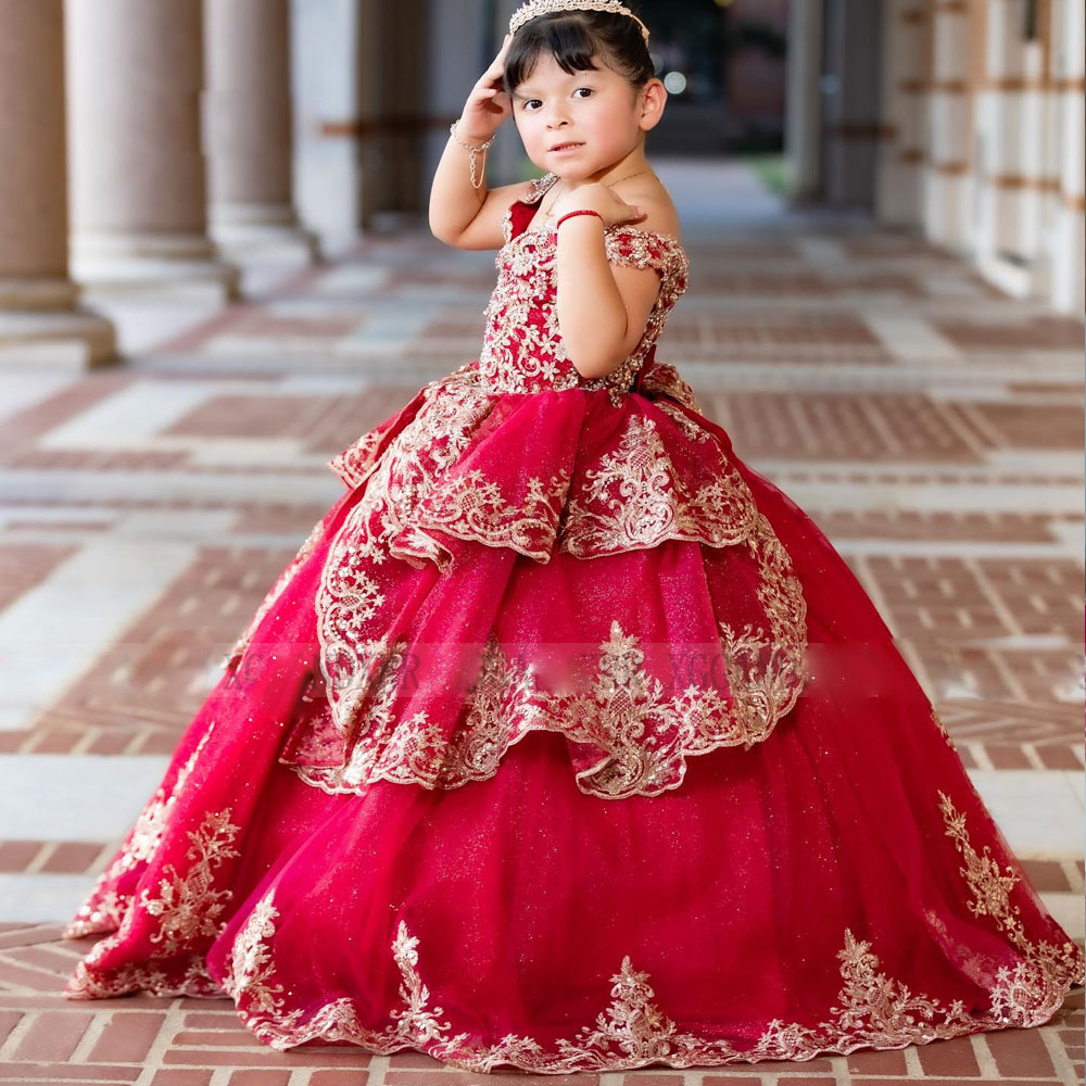 Retro Off the Shoulder Flower Girls Dresses Lace Appliques Tiered Kids Formal Wear Wine Red Little Kids Princess Dress for Birthday Party