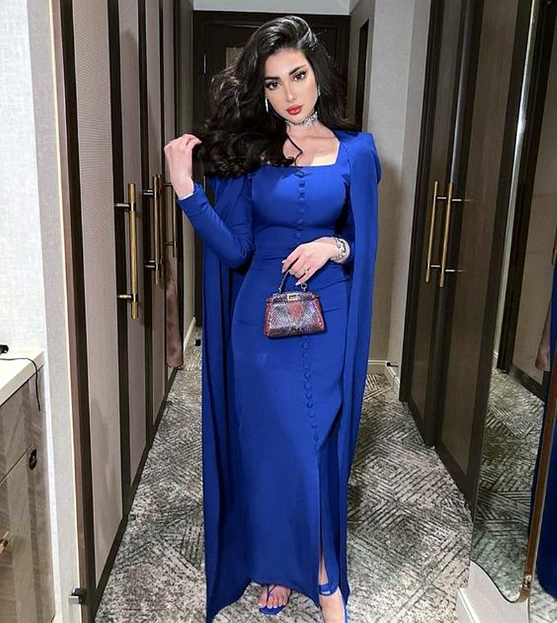 Elegant Royal Blue Sheath Evening Dresses With Cape Long Sleeves Square Neck Front Split Simple Prom Dress Covered Button 2024 Dubai Women Formal Occa