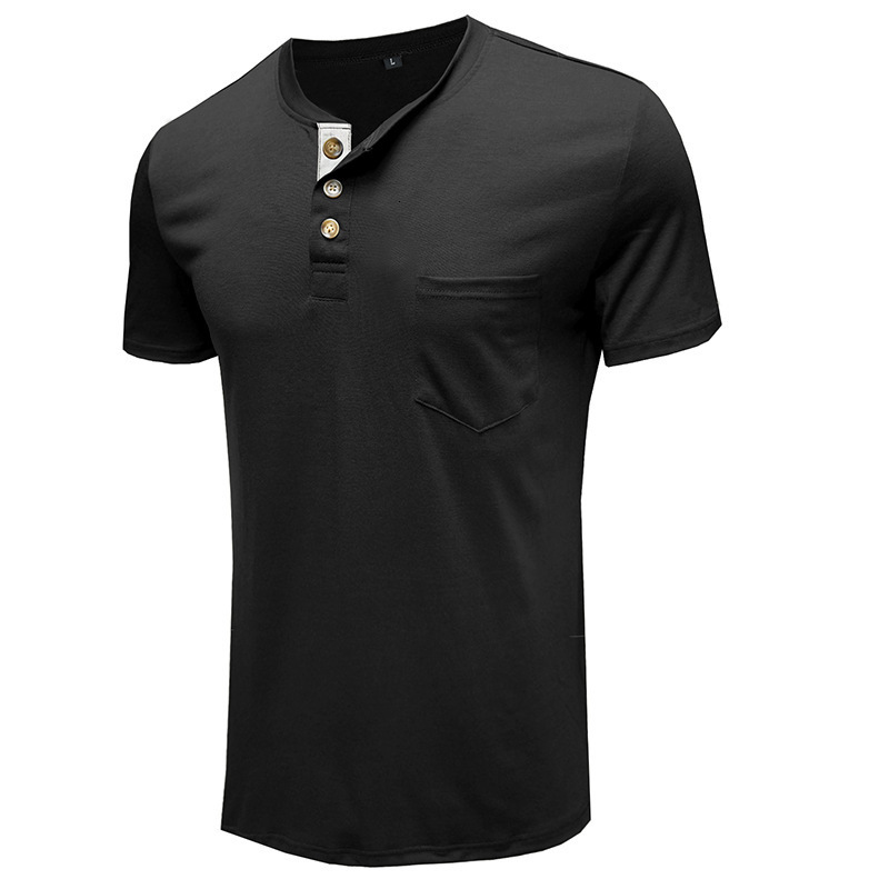 Men's T-Shirts Summer Men's Short Sleeve T-shirt Henley Collar Solid Casual Top Single Chest Pocket T-shirt 230407