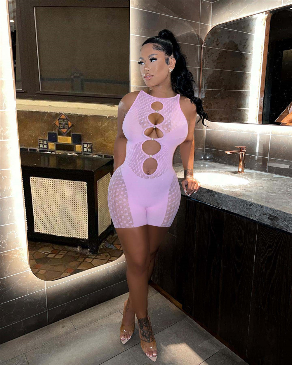 2023 Designer Sexy Mesh Patchwork Rompers Women Cut Out Tank Sleeveless Playsuits Summer Bodycon Jumpsuits See Through Bodysuits Clubwear Wholesale 96
