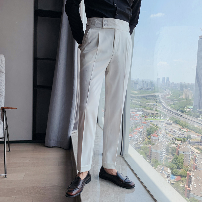 Men s Pants British Style Autumn Solid High Waist Trousers Men Formal Quality Slim Fit Business Casual Suit Hommes 230407