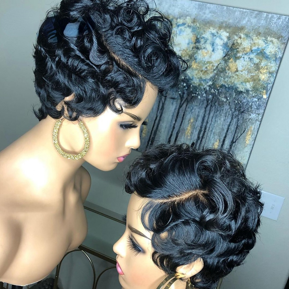 Ombre Brown Color Short Pixie Cut Wig Cheap Human Hair Wigs Straight Bob Wigs With Bangs Full Lace Front Human Hair for Black Women