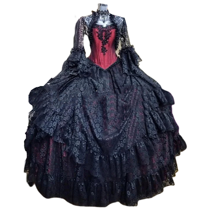Black And Red Gothic Wedding Dress Floor Length Ball Gown Lace Long Sleeves Bridal Gowns Medieval Steampunk Victorian Vintage Bride Dresses
