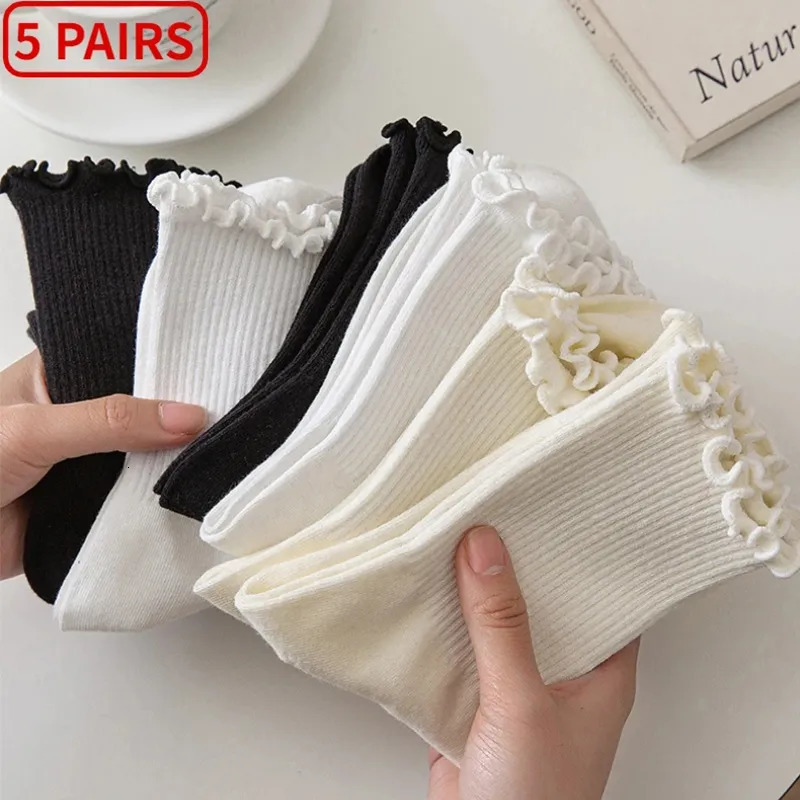 Men s Socks 5 pair Lot for Women Ruffle Cotton Middle Tube Ankle Short Breathable Black White set Spring Autumn 231107
