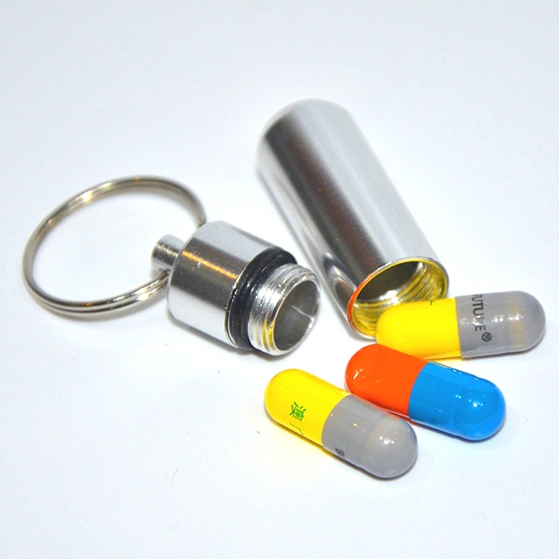 Portable Aluminum Pill Bottle Key Ring WaterProof Tablet Box Keychain Drug Stash Container Storage Outdoor Cash Case Holder Customized Logo Wholesale 